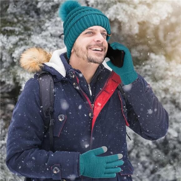 Women\'s Winter Warm Sets Knitted Fur Pompoms Beanie Hat, Teal main image 6